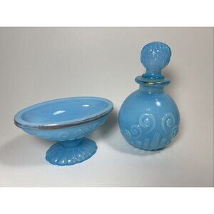 Vintage Avon * BLUE OPALINE SOAP DISH & PERFUME DECANTER SET OF 2 Bristol Blue